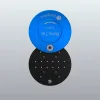 Two stacked circular discs: a blue top cover with a central opening over a perforated black base, suggesting a reel or connector housing.