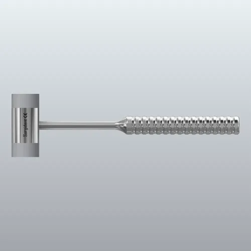 Shiny stainless steel surgical mallet with a knurled handle shown in side view against a gray gradient backdrop.