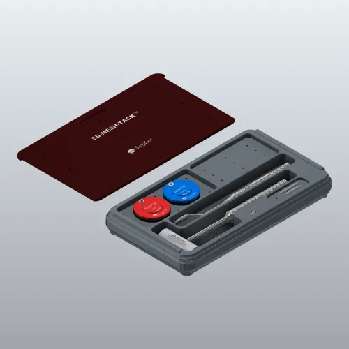 Open gray medical instrument case showing red and blue circular implants and long precision tools for mesh-tack surgery inside a molded tray.