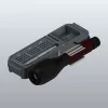 Handheld wire stripping tool with a grey body, black ergonomic handle, and red roller, featuring gauge markings (1.4–2.0) on the top plate.