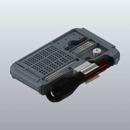 Close-up of a compact precision tool with a perforated platform, multiple interchangeable blades, a knurled knob, and a black handle with a metallic clamp.