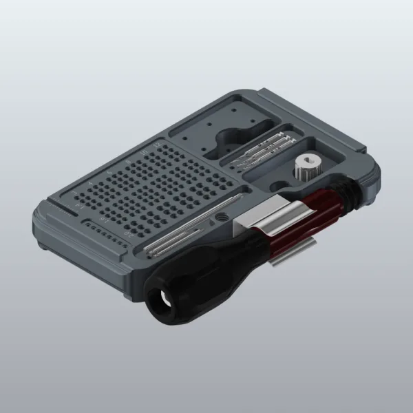 Close-up of a compact precision tool with a perforated platform, multiple interchangeable blades, a knurled knob, and a black handle with a metallic clamp.