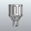 Shiny silver metal connector with ribbed cylindrical body and tapered base against a gray gradient background.
