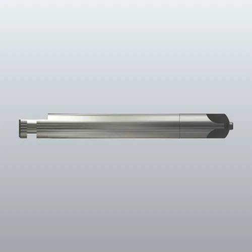 Long stainless-steel cylindrical tool with a ribbed left end and a dark cap on the right.