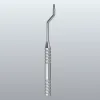 Metal dental elevator with a curved, slender tip and knurled handle.