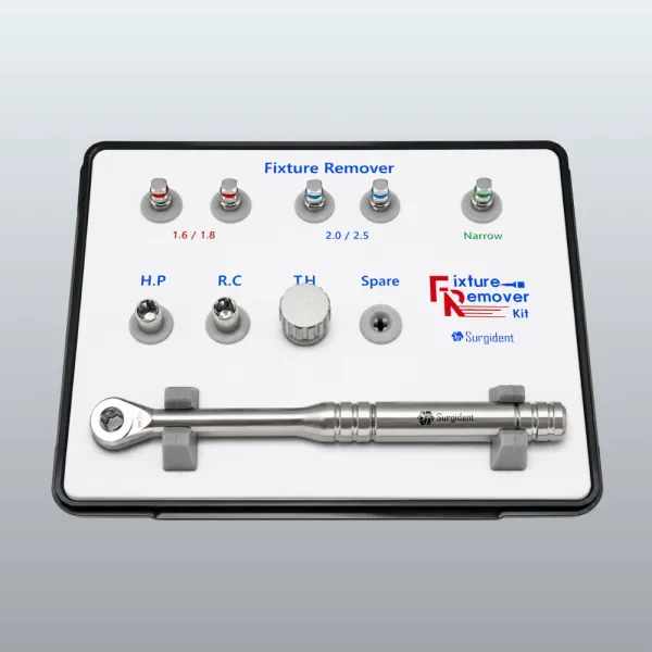 Dental implant fixture remover kit with torque wrench and assorted bits on a white tray labeled Fixture Remover Kit.