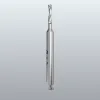 Silver end mill/drill bit with twisted flutes set against a gray gradient background, a metal cutting tool for milling/drilling.
