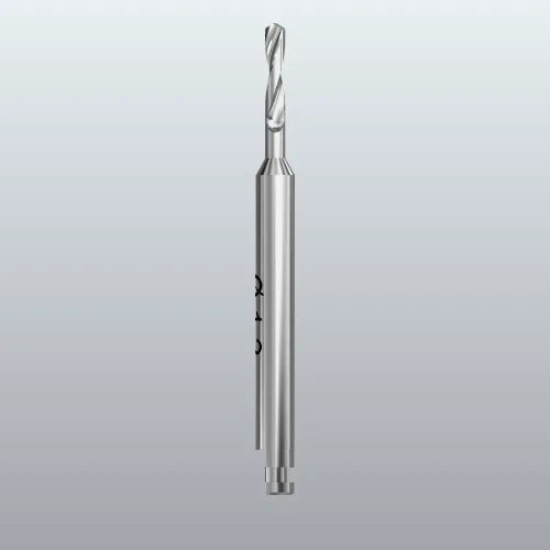 Silver end mill/drill bit with twisted flutes set against a gray gradient background, a metal cutting tool for milling/drilling.