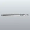 Shiny metallic end mill cutting tool with helical flutes and long cylindrical shank.