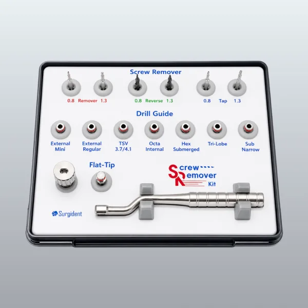 Screw remover kit on a white tray, with labeled drill-guide tips and a metal driver.