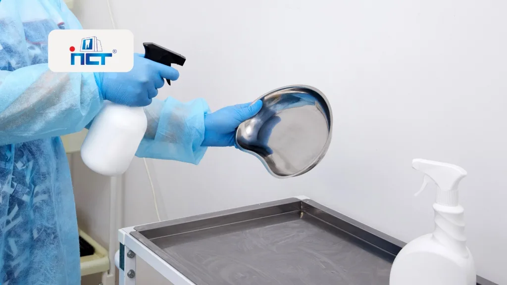 Healthcare worker in blue protective suit spraying disinfectant over a stainless steel tray.