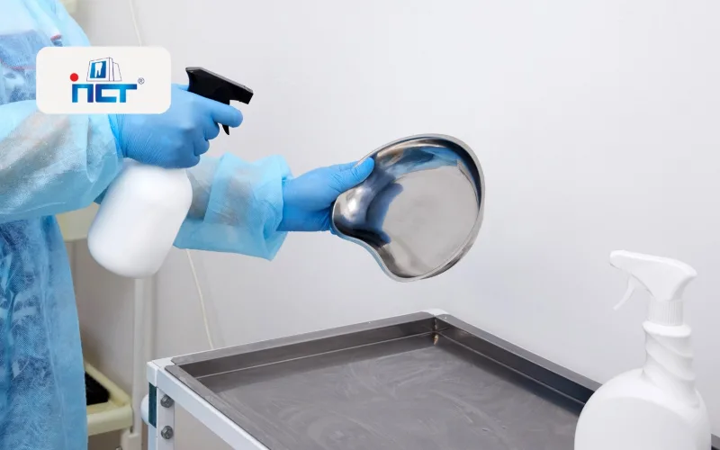 Healthcare worker in blue protective suit spraying disinfectant over a stainless steel tray.
