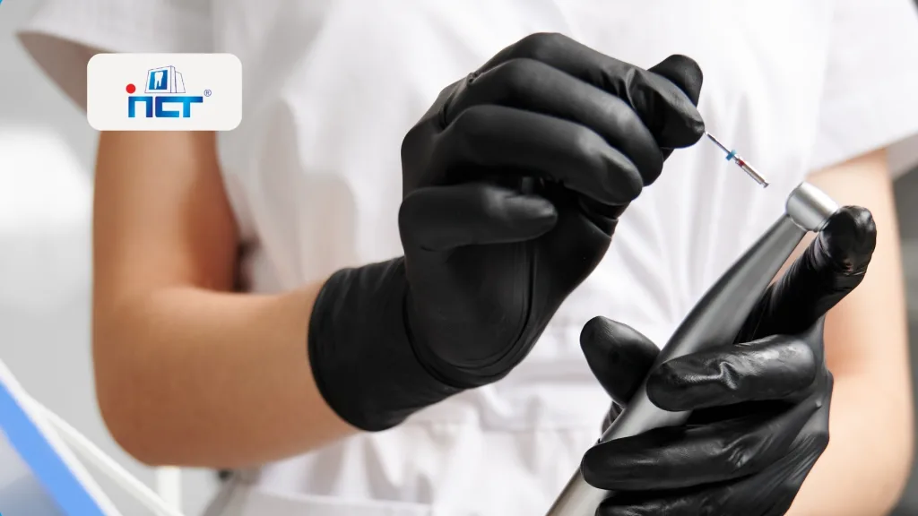 Medical professional in black gloves preparing a syringe for an injection, logo visible in the upper left corner