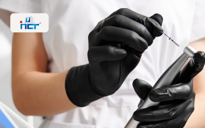 Medical professional in black gloves preparing a syringe for an injection, logo visible in the upper left corner