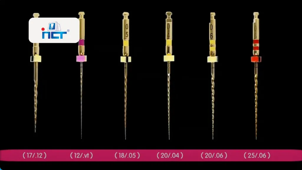 Row of six gold-tone precision devices with colored bands (pink, yellow, and red) against a black background, numbers etched on each, with a pink date bar at bottom.