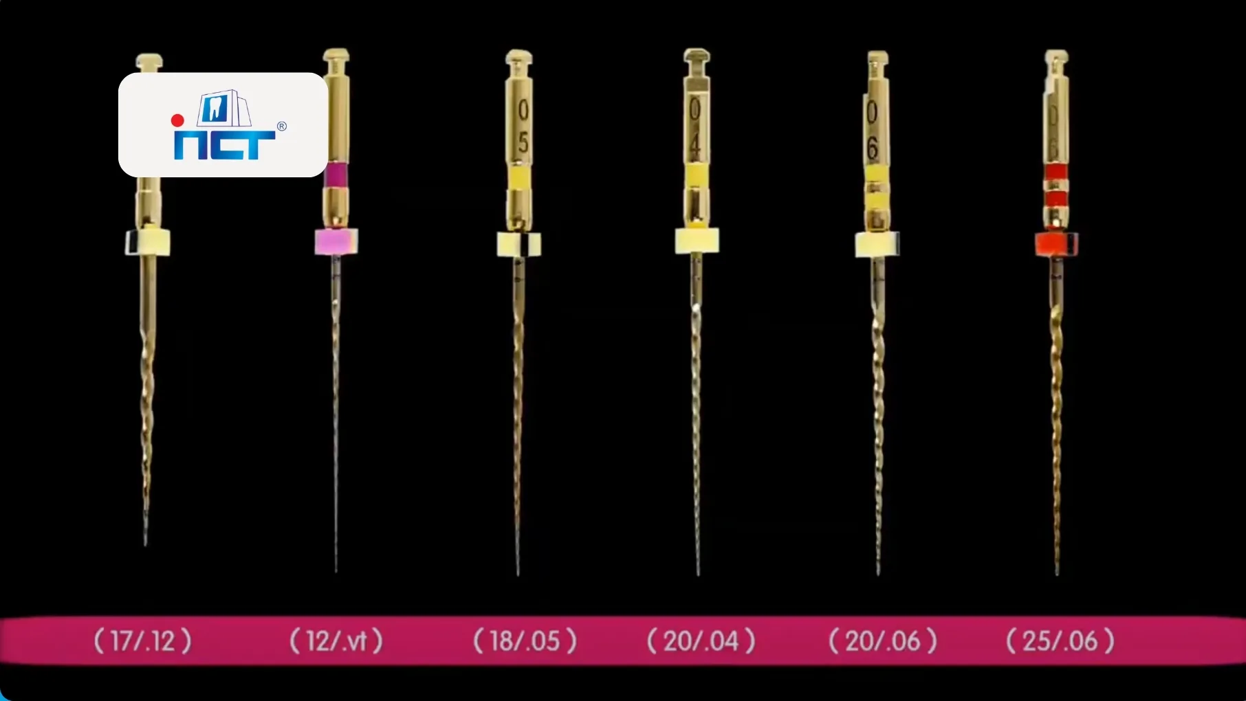 Mashynni NiTi-fayly klasyfikatsiya ta bezpechna robota Row of six gold-tone precision devices with colored bands (pink, yellow, and red) against a black background, numbers etched on each, with a pink date bar at bottom.