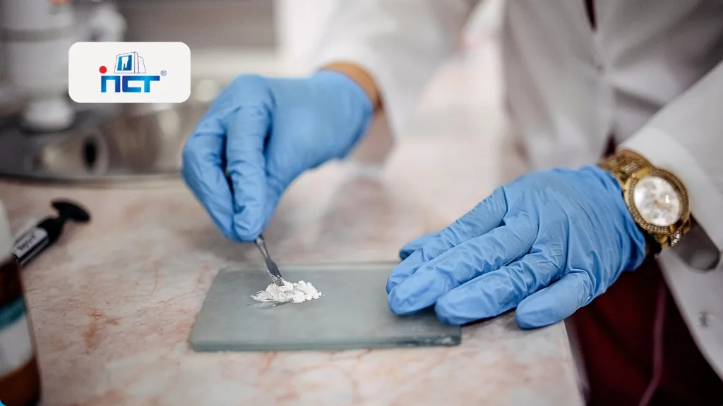 Scientist in blue gloves spreading white paste on a metal plate in a laboratory, logo visible in the corner.