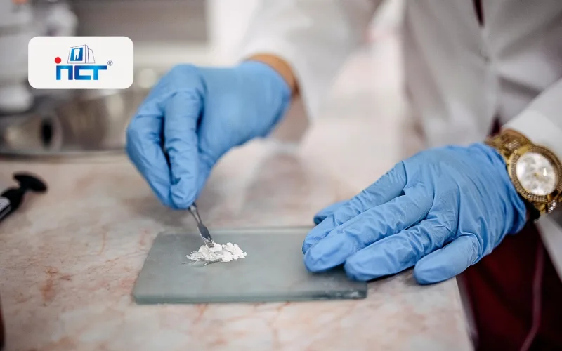Scientist in blue gloves spreading white paste on a metal plate in a laboratory, logo visible in the corner.