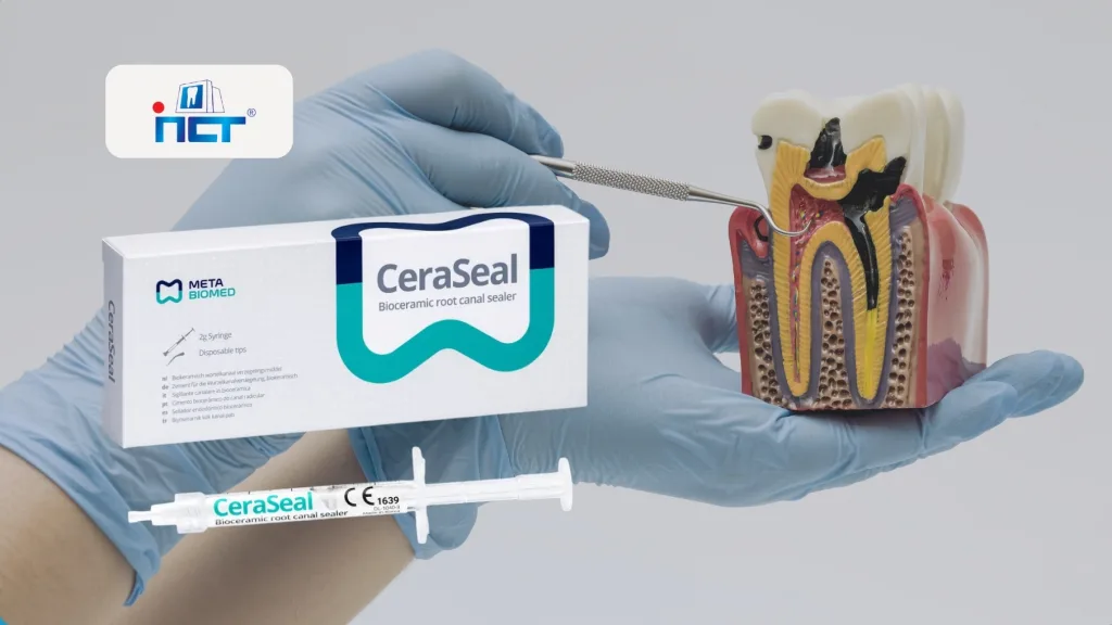 Gloved hands hold a syringe and a box labeled CeraSeal bioceramic root canal sealer beside a cross‑section of a tooth model, showing dental materials for root canals.