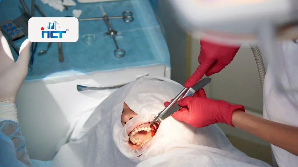 Dental procedure in progress: patient with mouth open, dentist and assistant using surgical tools under sterile drapes.