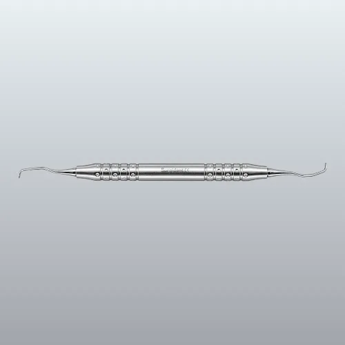 Double-ended stainless steel dental instrument with curved tips, used for scaling and cleaning teeth, shown against a gray gradient background.