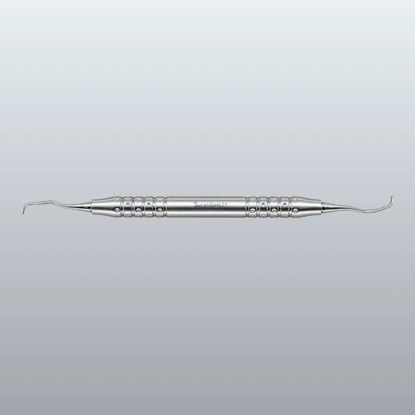 Double-ended stainless steel dental instrument with curved tips, used for scaling and cleaning teeth, shown against a gray gradient background.