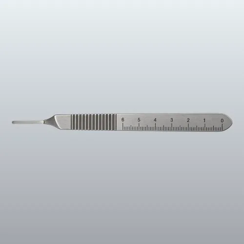 Metal surgical instrument with a grooved handle and a slender blade on the left, featuring a built-in centimeter ruler on the handle (0–6 cm).