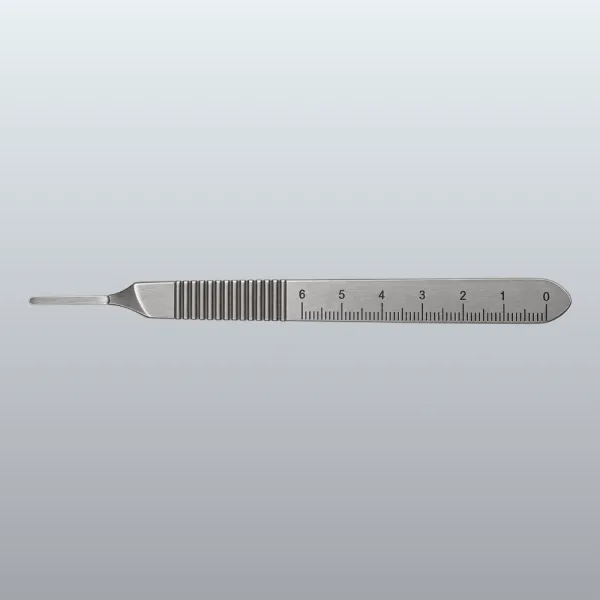 Metal surgical instrument with a grooved handle and a slender blade on the left, featuring a built-in centimeter ruler on the handle (0–6 cm).