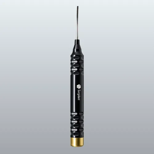 Dental endodontic file with a textured black handle and slender metal tip.