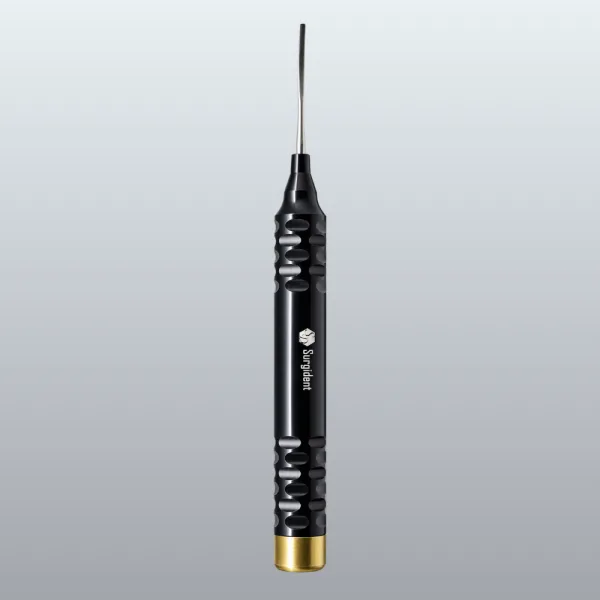 Dental endodontic file with a textured black handle and slender metal tip.