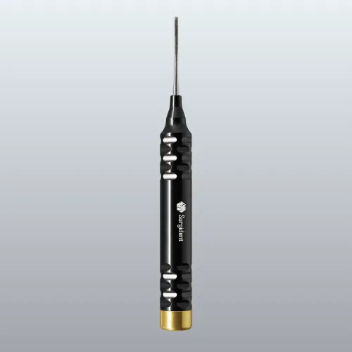 Vertical view of a compact precision screwdriver with a black ribbed grip, slim metal shaft, and gold end cap against a gradient background.