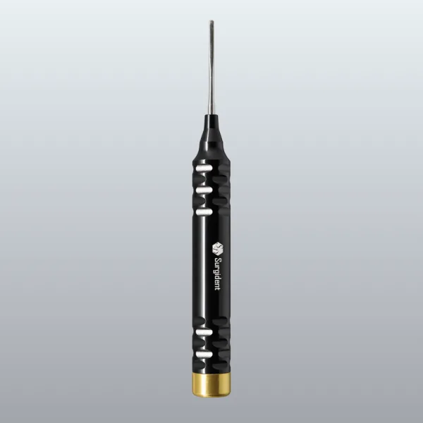 Vertical view of a compact precision screwdriver with a black ribbed grip, slim metal shaft, and gold end cap against a gradient background.