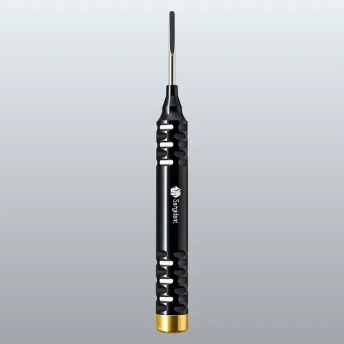 Precision screwdriver with a black perforated handle, gold end cap, and long slim shaft with a bit extended at the top.