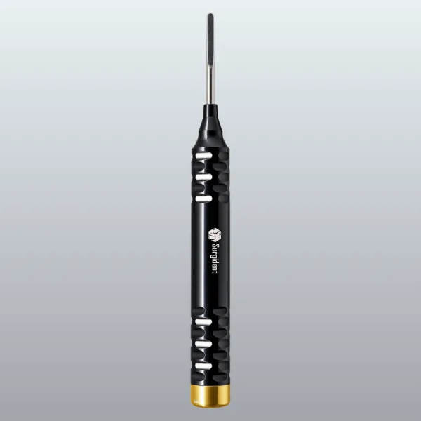 Precision screwdriver with a black perforated handle, gold end cap, and long slim shaft with a bit extended at the top.