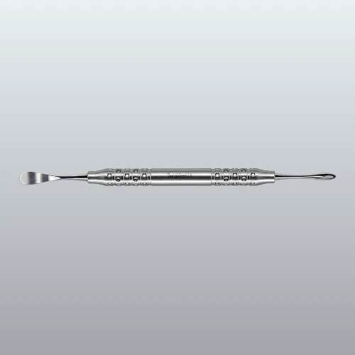 Double-ended stainless steel dental tool with knurled grip, used in dental procedures around the teeth.