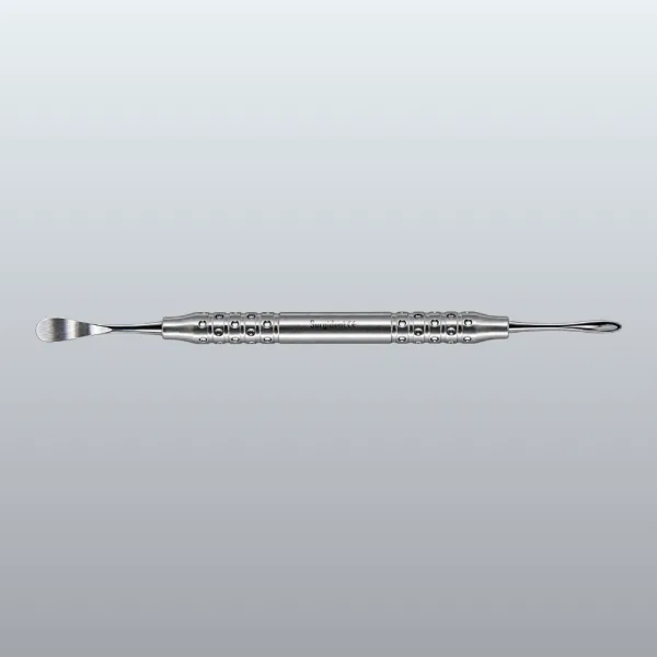 Double-ended stainless steel dental tool with knurled grip, used in dental procedures around the teeth.