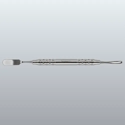 Stainless steel dental spatula with a knurled grip, used to mix or apply dental materials, shown horizontally on a gray gradient background