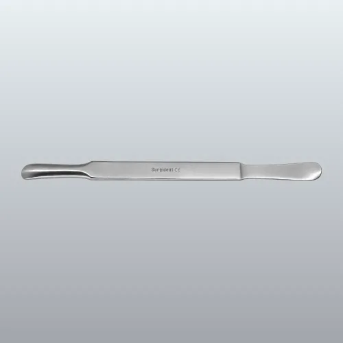 Long stainless steel dental surgical instrument with rounded, flattened ends and the label 'Surgident CE'