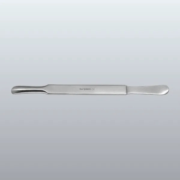 Long stainless steel dental surgical instrument with rounded, flattened ends and the label 'Surgident CE'
