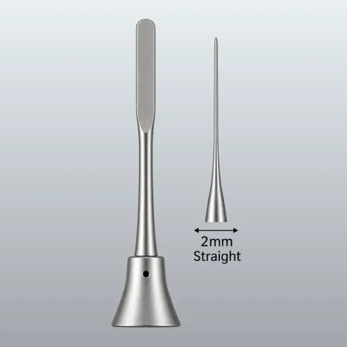 Dental scaler tools shown side by side; one has a flat rectangular blade and the other a long straight tip with a 2 mm measurement mark