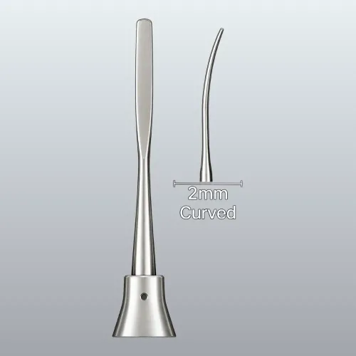Dental scaler with a curved 2 mm tip, shown next to an illustration indicating 2 mm curvature.