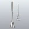 Flat-bladed dental hand instrument with a long metal handle; beside it is a slim, straight tip labeled '3 mm' to show width.
