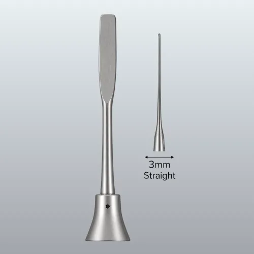 Flat-bladed dental hand instrument with a long metal handle; beside it is a slim, straight tip labeled '3 mm' to show width.