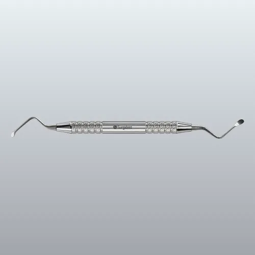 Double-ended dental scaler with knurled stainless-steel handles, used for cleaning teeth (Surgident).