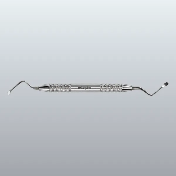 Double-ended dental scaler with knurled stainless-steel handles, used for cleaning teeth (Surgident).