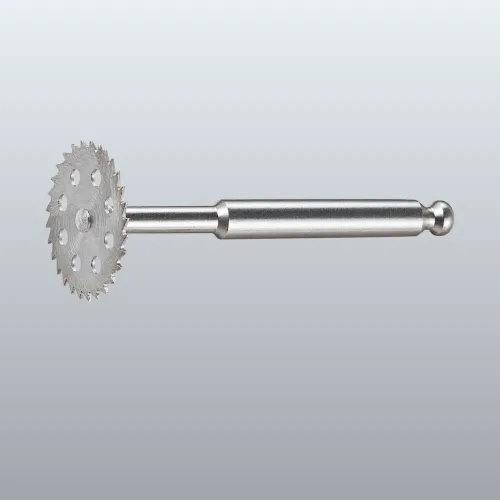 Metal gear-like wheel with sharp teeth mounted on a long metal shaft with a rounded end.